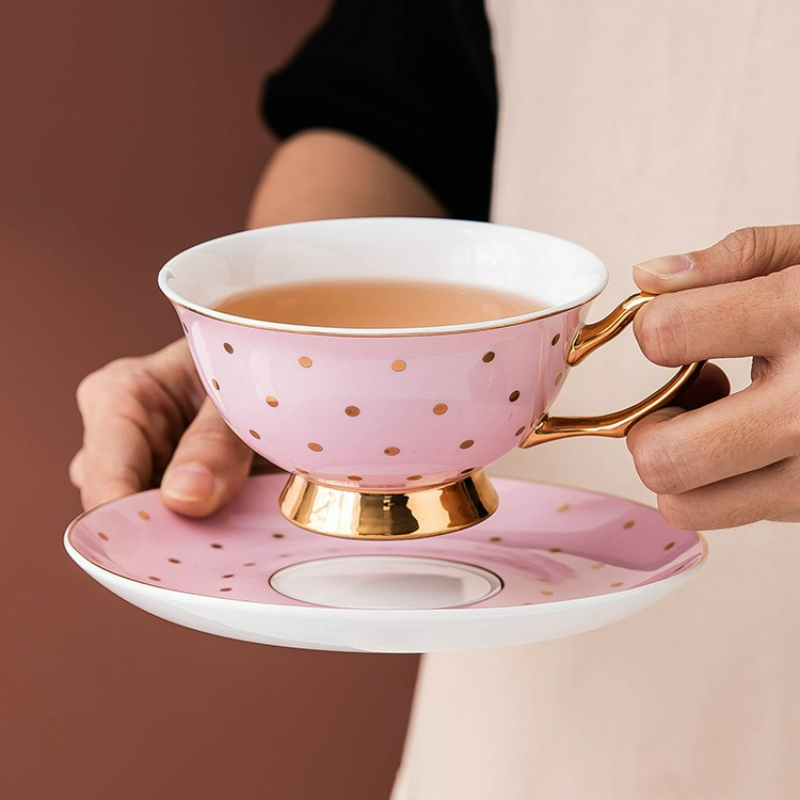 Coffee Tea Sugar Set - 세라믹 핑크 커피 머그잔과 접시가 있는