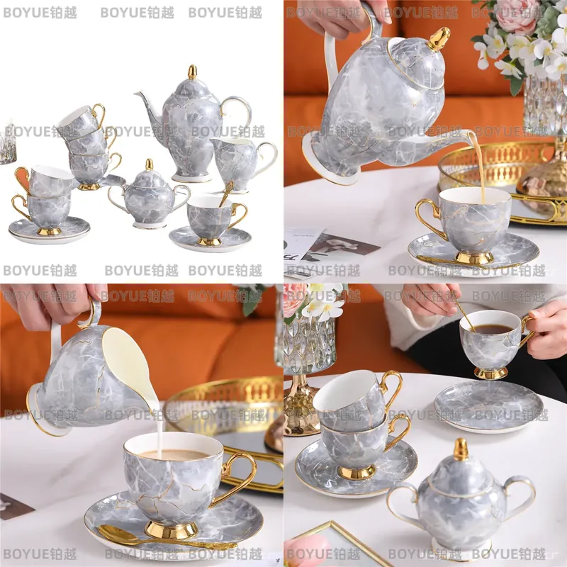 Coffee Tea Gift Set - 고급 본차이나 커피잔 세트와 티팟, 우아한